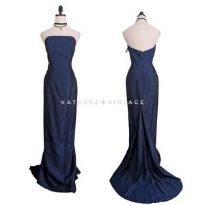 Vintage ABS Prom Dress Maxi Gown 8 Blue Strapless 90s Glam Formal Classic Sheath